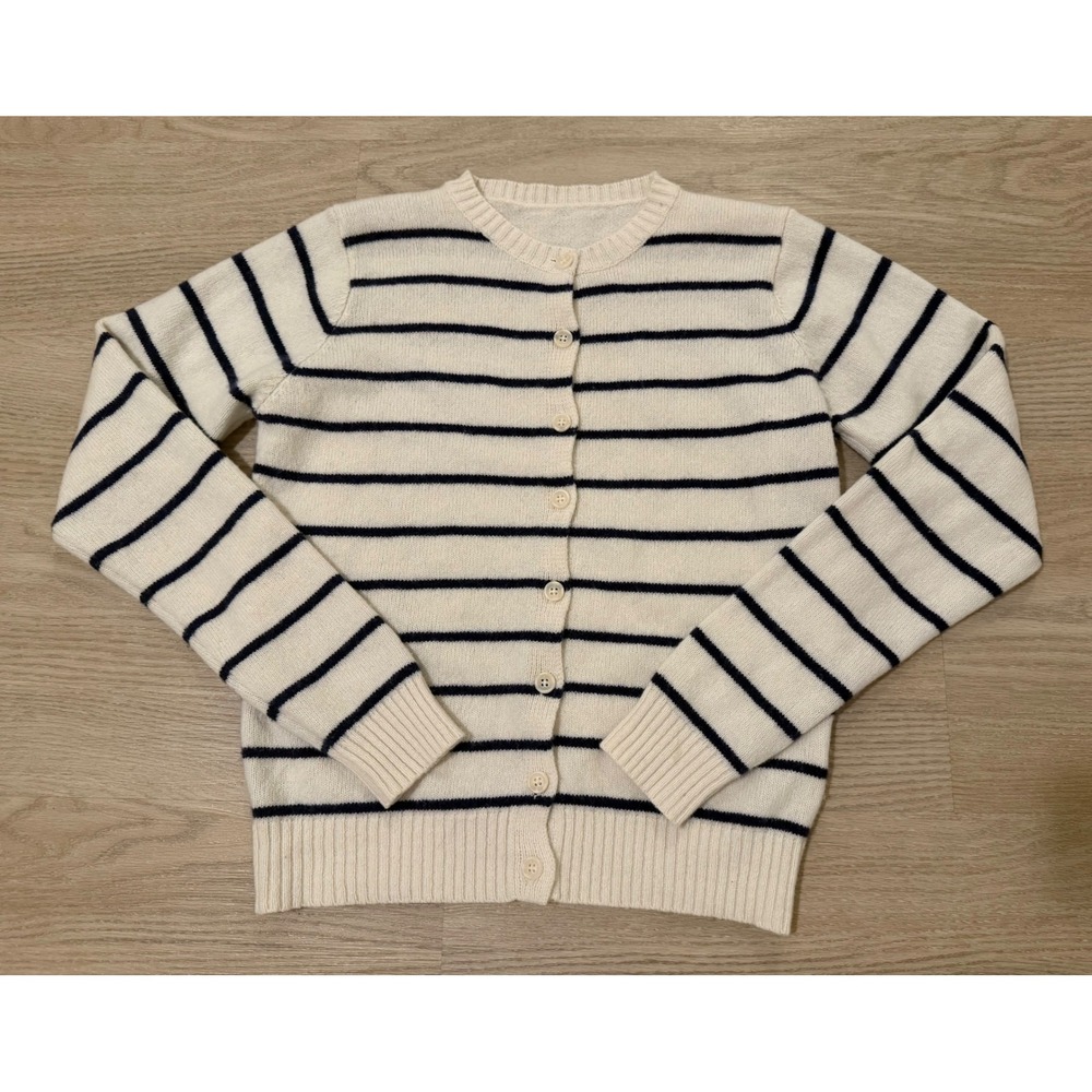 Striped Wool Cardigan Women Cream Navy Nautical Preppy Classic Italy